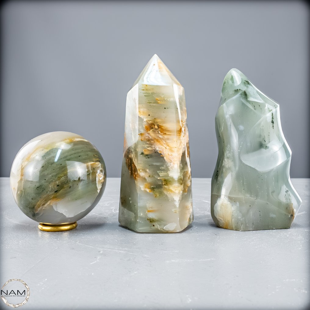 和谐宝石套装 – 绿色花园石英方尖碑、自由形态和球体 马达加斯加充满魔法与能量- 1363.26 g - (3) #4.3