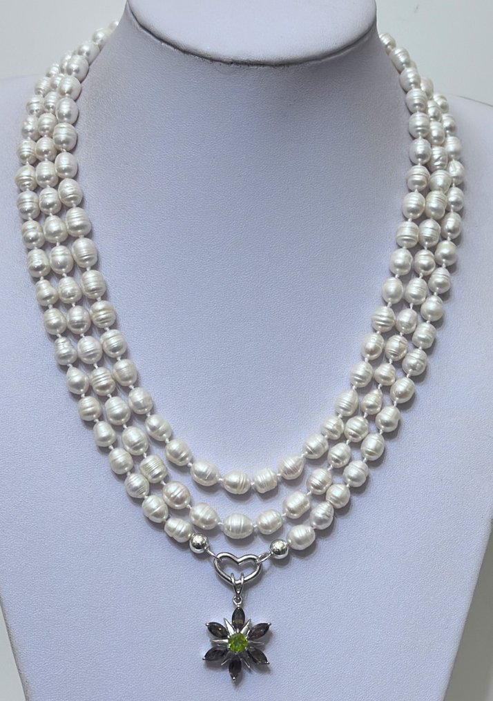 淡水白珍珠、烟水晶和橄榄石/ 高品质 / AAA - 项链 - 925纯银扣子。 #1.0