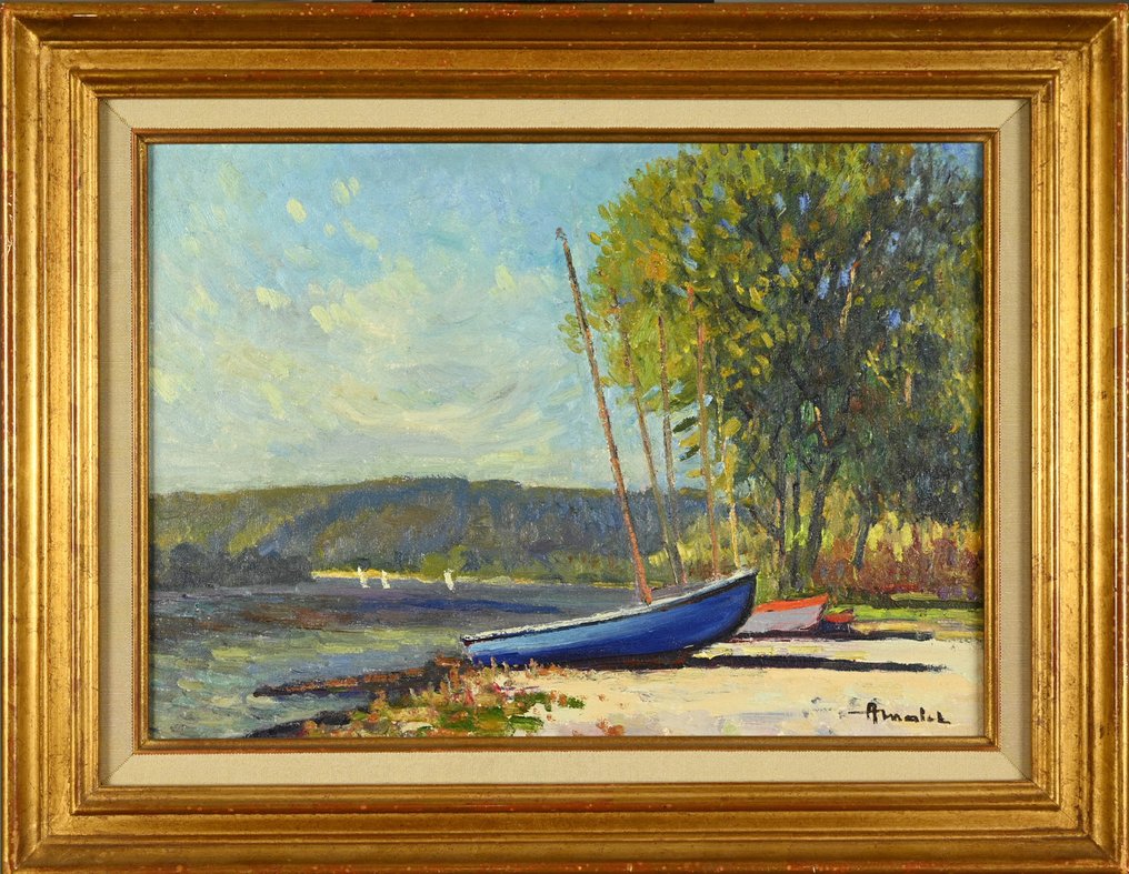 Albert Malet (1905-1986) - Bateau au bord d'un plan d'eau #3.2