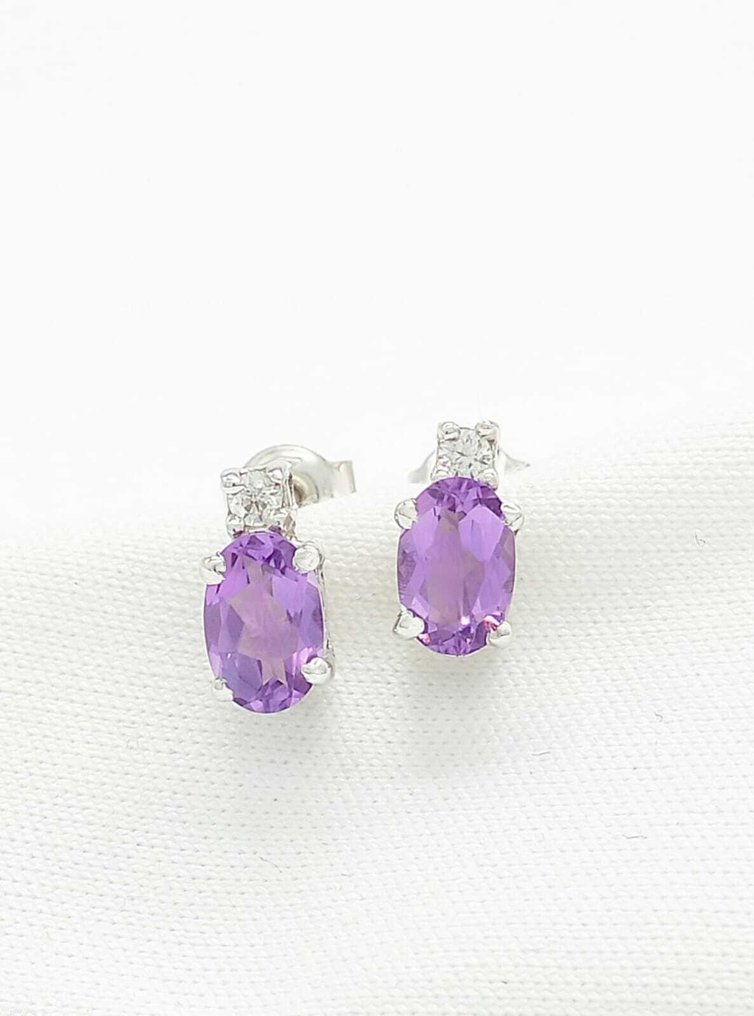 没有保留价 - 鸡尾酒耳环 - 18K包金 白金 紫水晶 - 钻石 #1.0