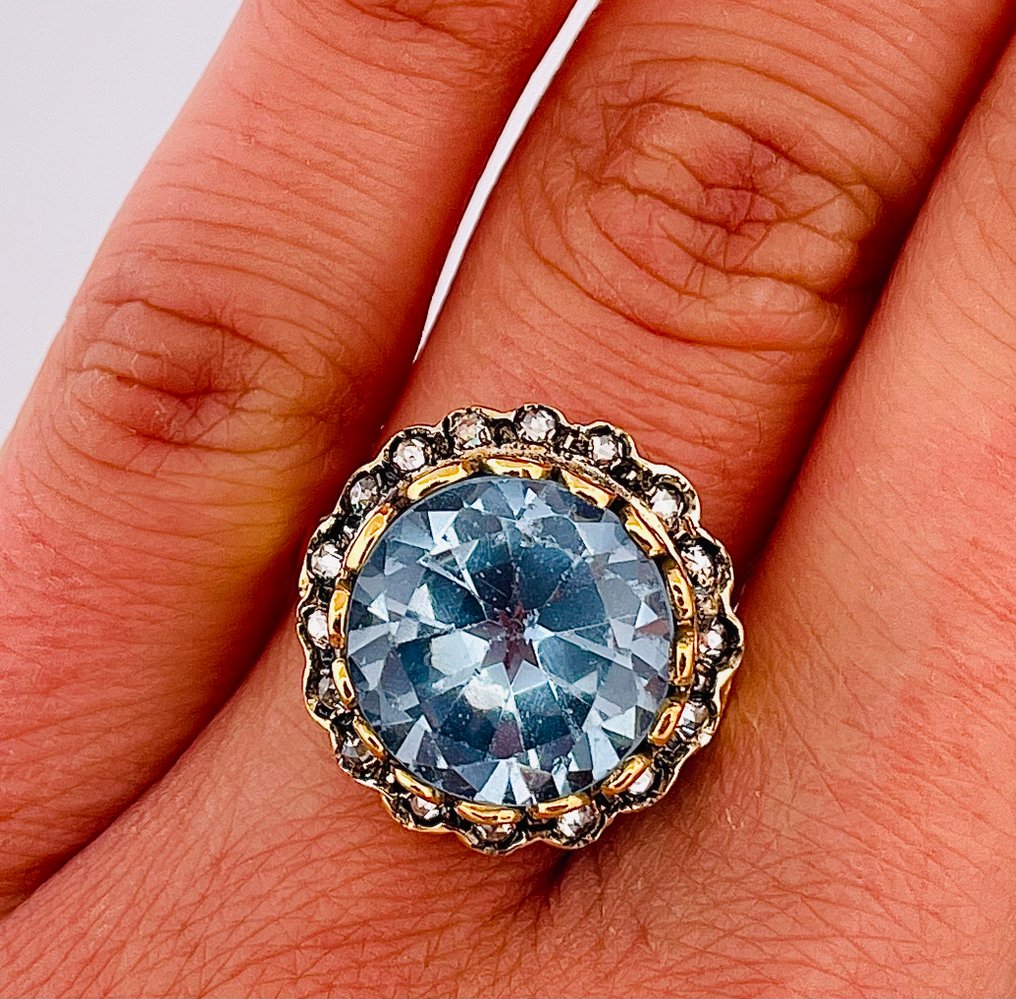 没有保留价 - 戒指 - 9 kt. 黄金, 银 海蓝宝石 - 海蓝宝石 #4.3