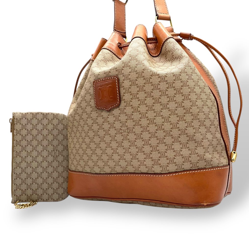 Céline - Macadam Pattern Drawstring Shoulder Bag Vintage PVC Leather Bucket Bag Gold Hardware - Schultertasche #1.0