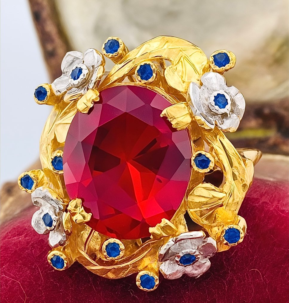 没有保留价 - 戒指 - 9 kt. 黄金, 银 红宝石 - 蓝宝石 #2.1