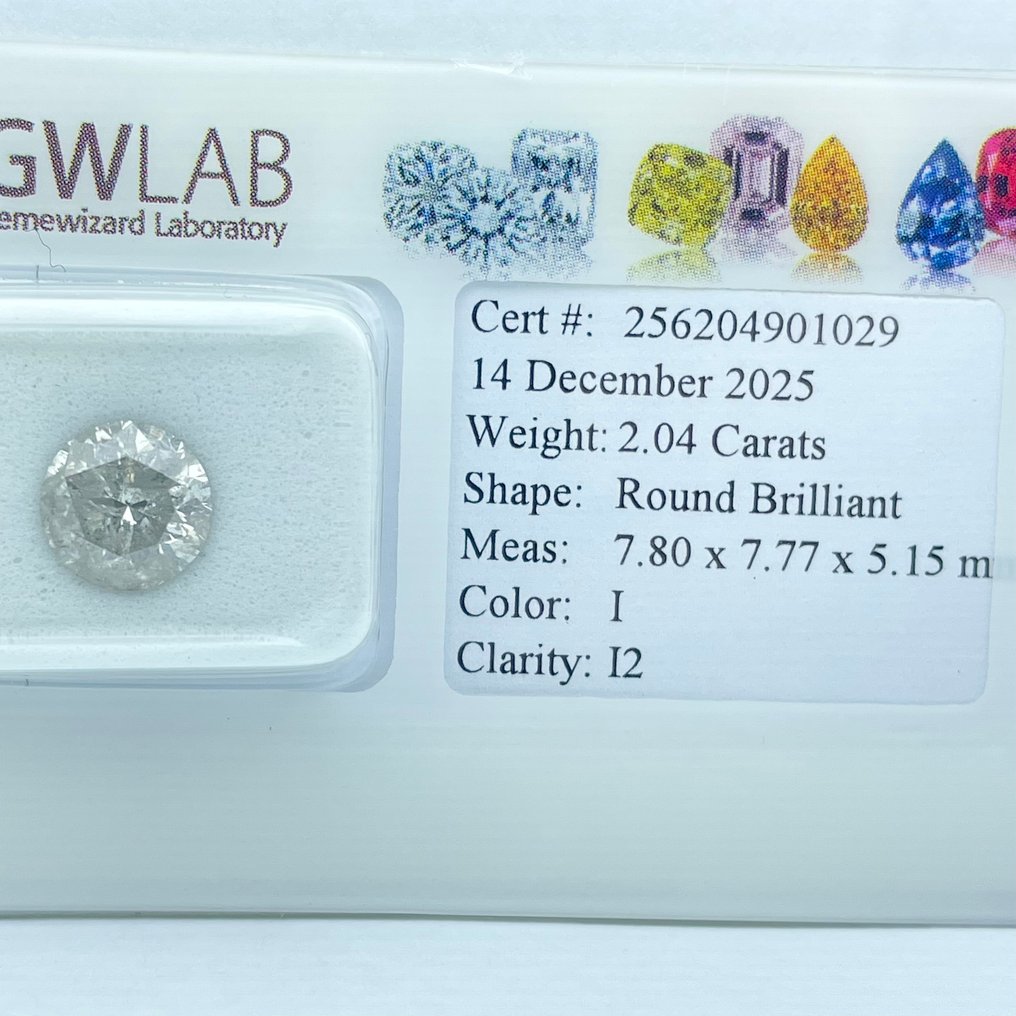 Senza prezzo di riserva - 1 pcs Diamante  (Naturale)  - 2.04 ct - Rotondo - I - I2 - Gemewizard Gemological Laboratory (GWLab) #1.0