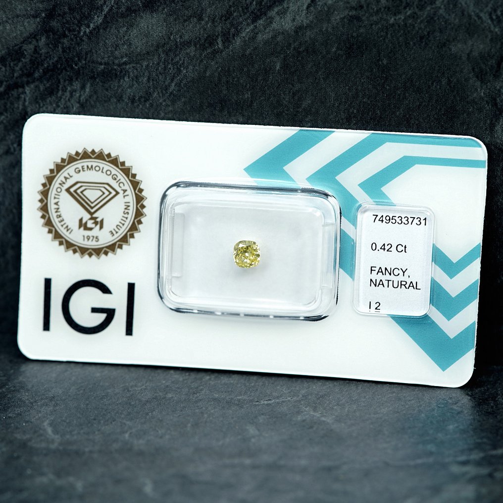 没有保留价 - 1 pcs 钻石  (天然色彩的)  - 0.42 ct - 枕形 - Fancy 黄色 - I2 内含二级 - 国际宝石研究院（IGI） #4.3