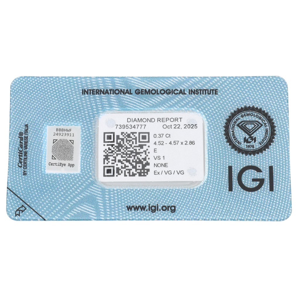 没有保留价 - 1 pcs 钻石 (天然) - 0.37 ct - 圆形 - E - VS1 轻微内含一级 - 国际宝石研究院(IGI) #2.1