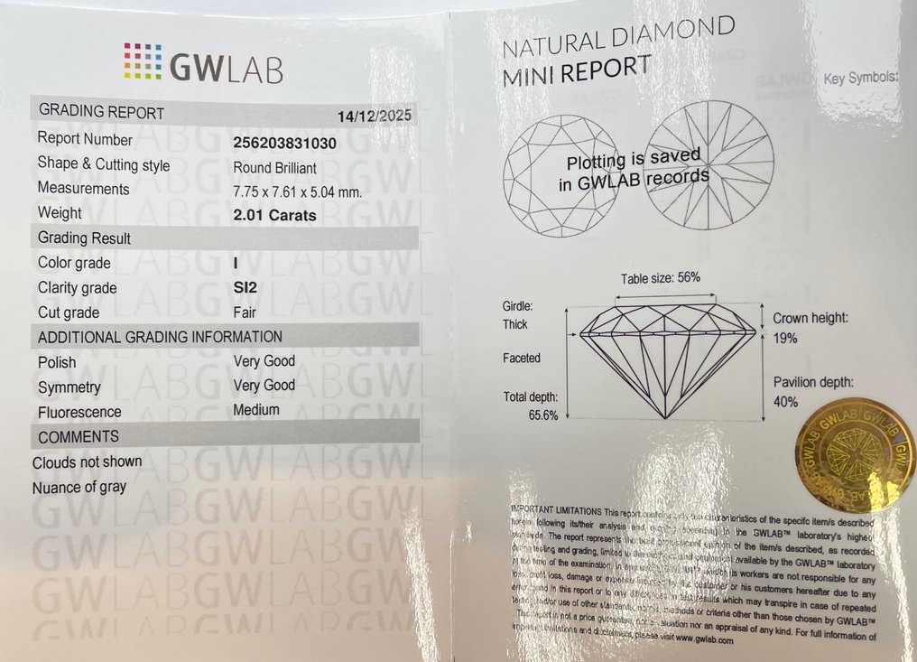 Ei pohjahintaa - 1 pcs Timantti  (Luonnollinen)  - 2.01 ct - Pyöreä - I - SI2 - Gemewizardin gemologinen laboratorio (GWLab) #2.1