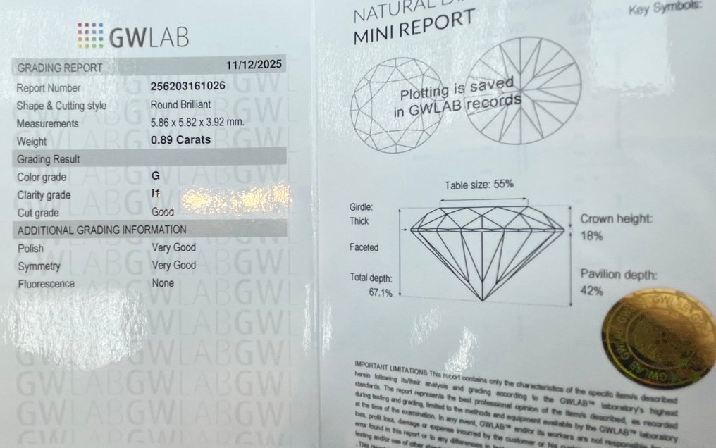χωρίς τιμή ασφαλείας - 1 pcs Διαμάντι (Φυσικό) - 0.89 ct - Στρογγυλό - G - I1 - Gemewizard Gemological Laboratory (GWLab) #2.1