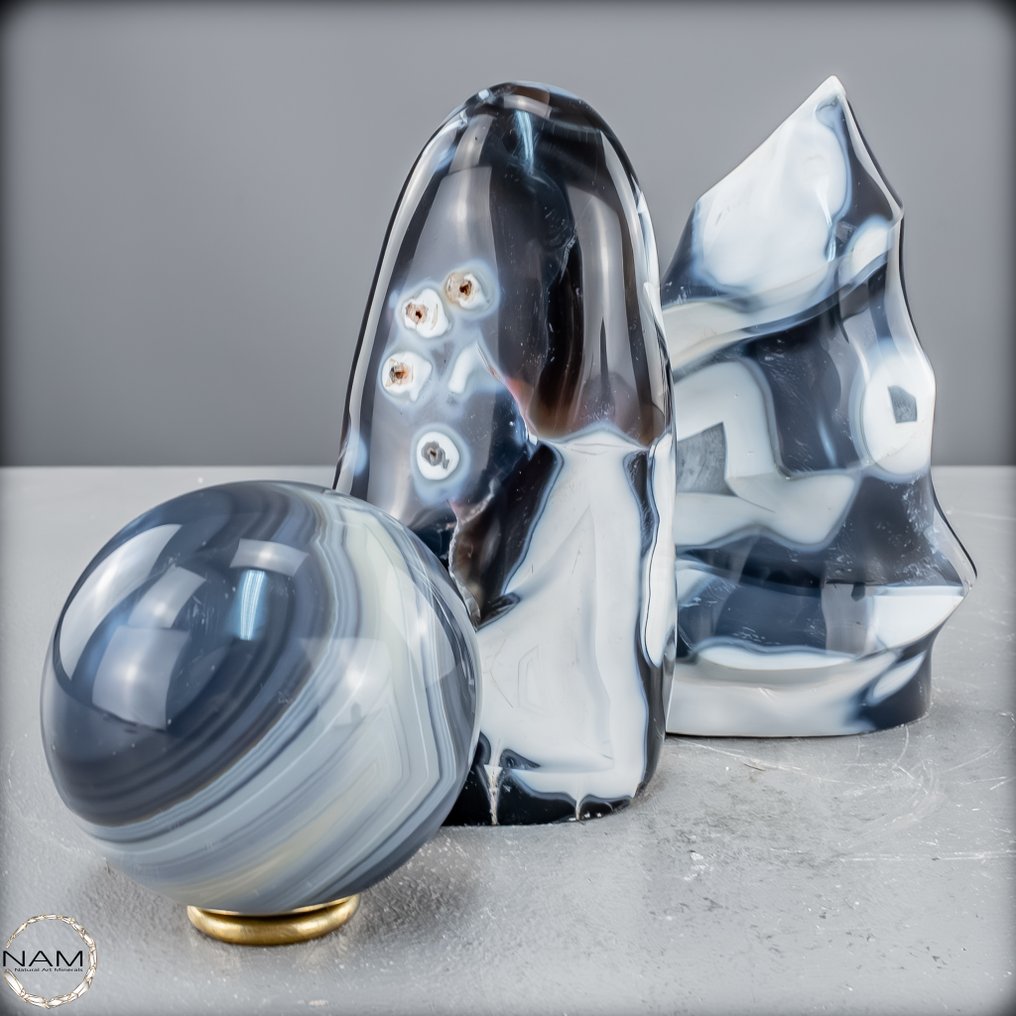 Natural Orca Agate Set of flame, freeform, and sphere.- 1696.31 g - (3) #4.3