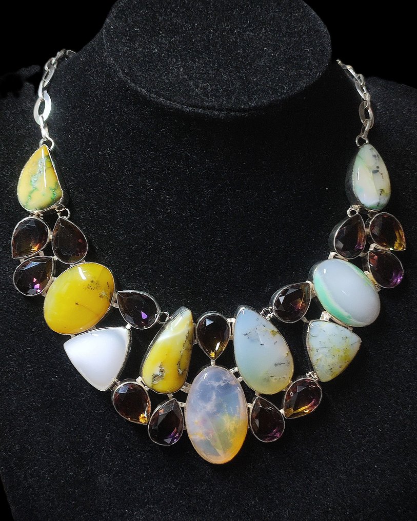 无保留价 美丽的树状蛋白石和碧玺手工925银项链 - 衣领项链 #3.2