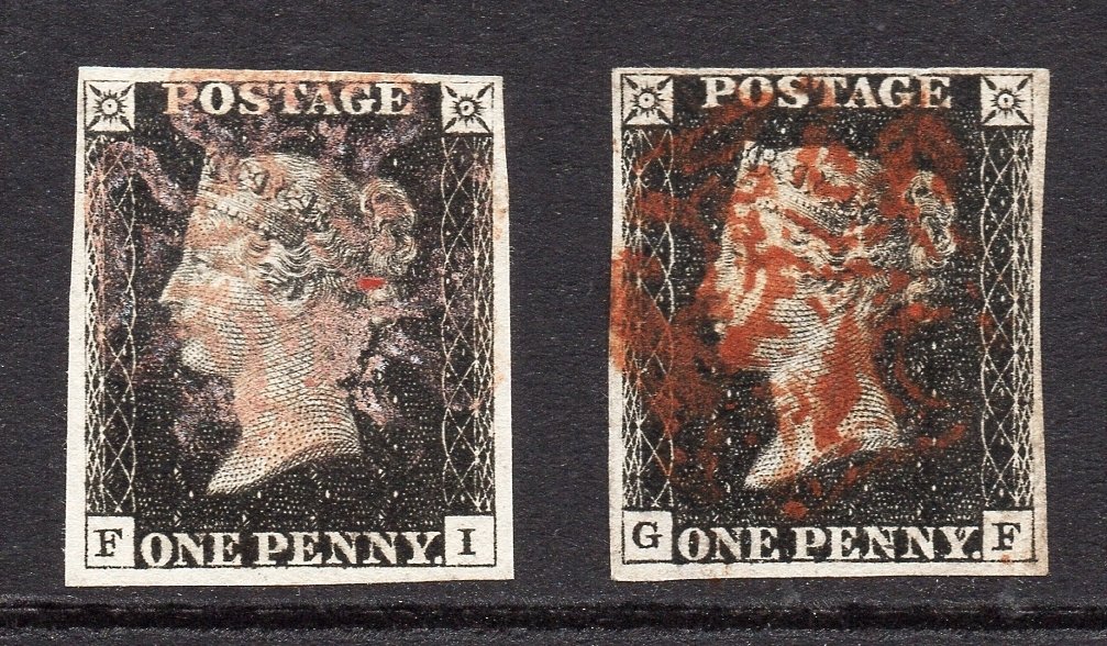大不列顛 1840 - QV SG2 1d 黑色底板 6，带粉白色 MX；以及 1d 黑色底板 4，带棕红色 MX，非常精细。 #1.0