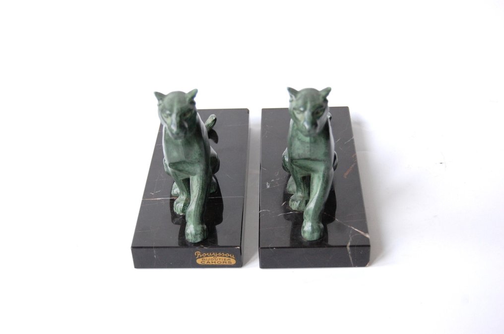 Tedd - Veistos, Twee panters - 13 cm - Metalli ja marmori - 1930 #3.2