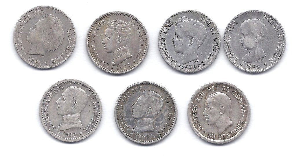 Ισπανία. Alfonso XIII. 50 Cent 1892 à 1926 (7 pièces)  (χωρίς τιμή ασφαλείας) #1.0