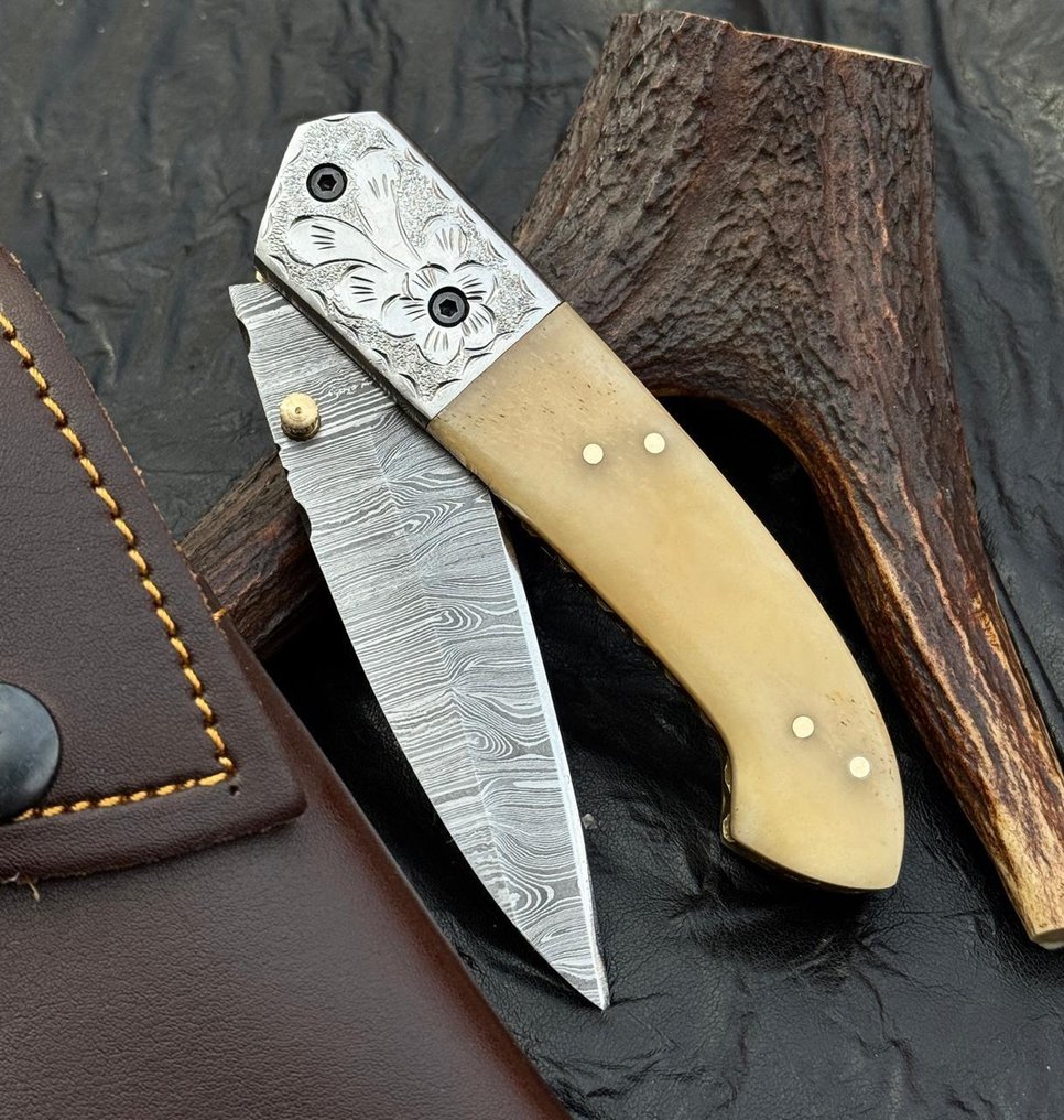 厨刀 - 厨房刀具 - 高级大马士革折叠口袋刀 - 天然骨柄 - 亚洲 #1.0