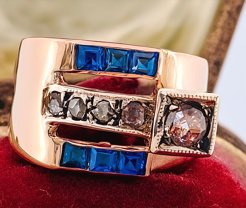 没有保留价 - 戒指 - 9 kt. 玫瑰金, 银 钻石 (天然) - 蓝宝石 #1.0