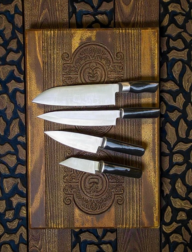 Set of FOUR, Hand-Forged with Old & dual polish Steel, Japanese Style Knives from Elite - Coltello da cucina - Chef's knife - Acciaio, Legno, Set squisito di 4 coltelli vintage in acciaio giapponese vecchio forgiato a mano. - Giappone #1.0