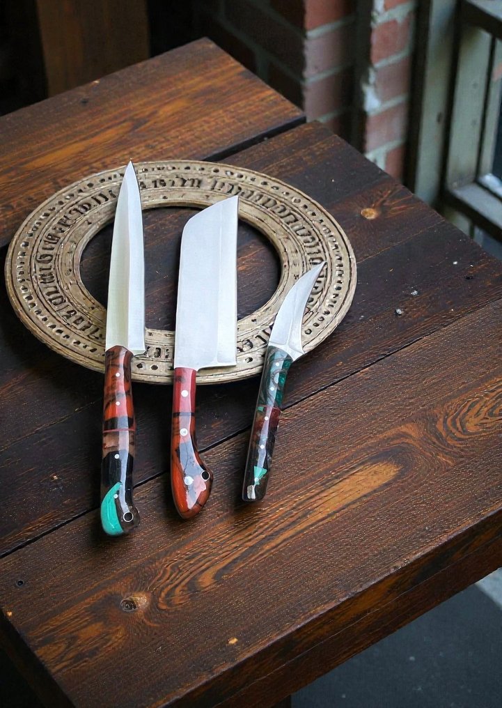 Set of THREE, Hand-Forged with Old Steel, Japanese Style Knives from Elite - 厨刀 - Chef's knife - 钢, 木, 精美的三件套，手工锻造的日本OLD钢，复古刀具 - 日本 #3.2