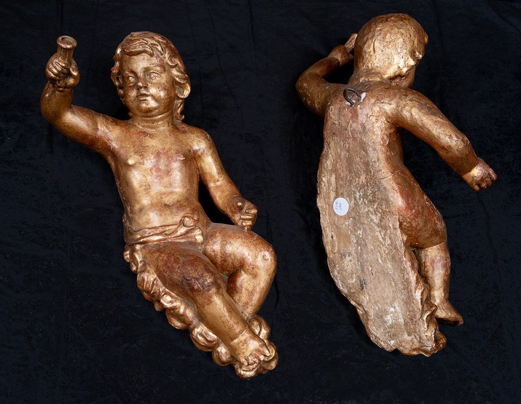 雕塑, Coppia di putti antichi a tronco unico in legno dorato. Firenze fine XVII secolo. - 63 cm - 木 #3.2