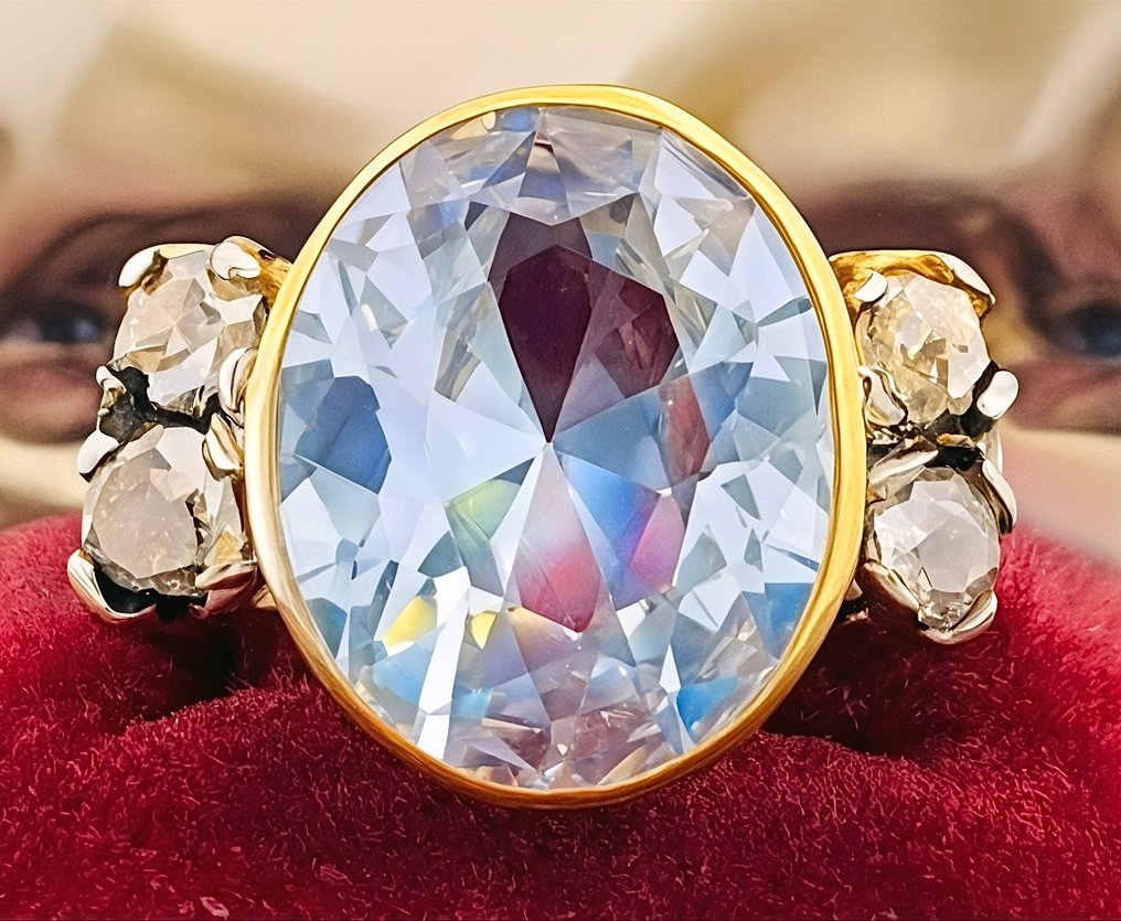 没有保留价 - 戒指 - 9 kt. 黄金, 银 海蓝宝石 - 钻石 #1.0