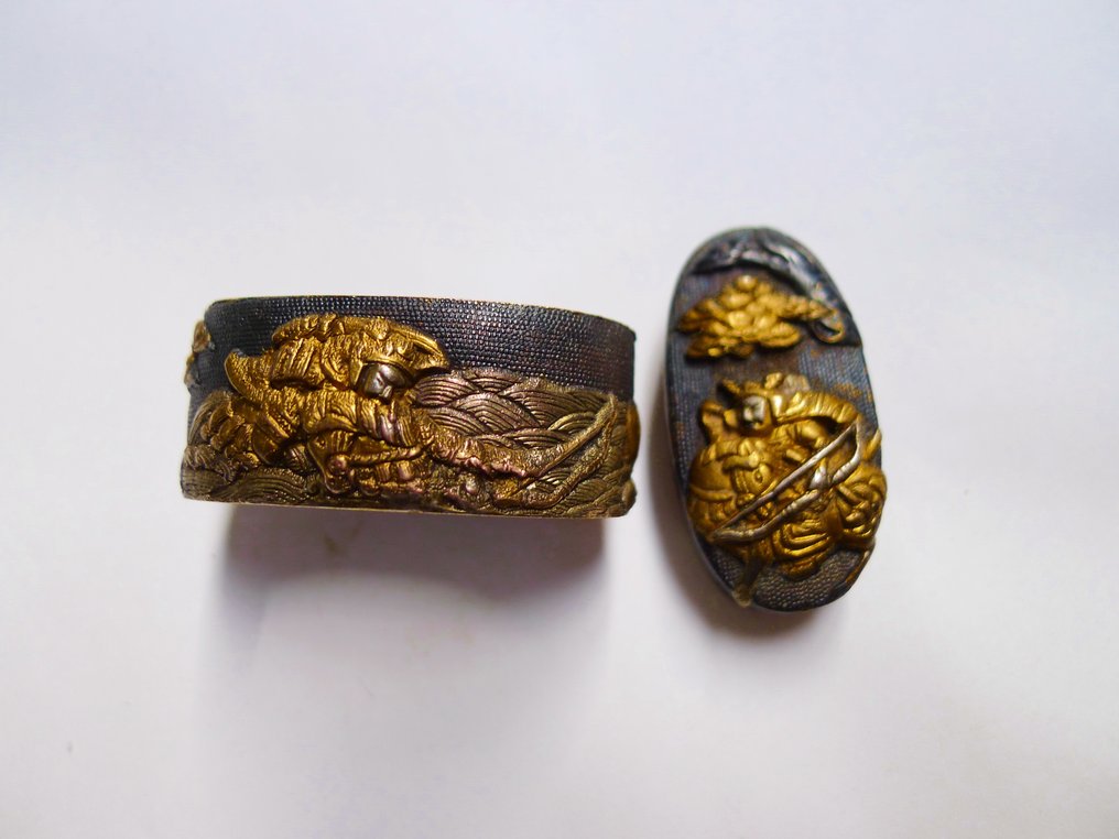 美丽的Shoten武士战斗海浪图案Fuchi Kashira套装 - 日本 - 20世紀末 #1.0