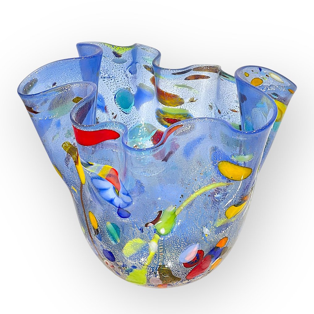 Filippo Maso - Βάζο - Μεγάλο μπλε μαντήλι με ασημένιο φύλλο και μούρινες - Γυαλί Murano #2.1