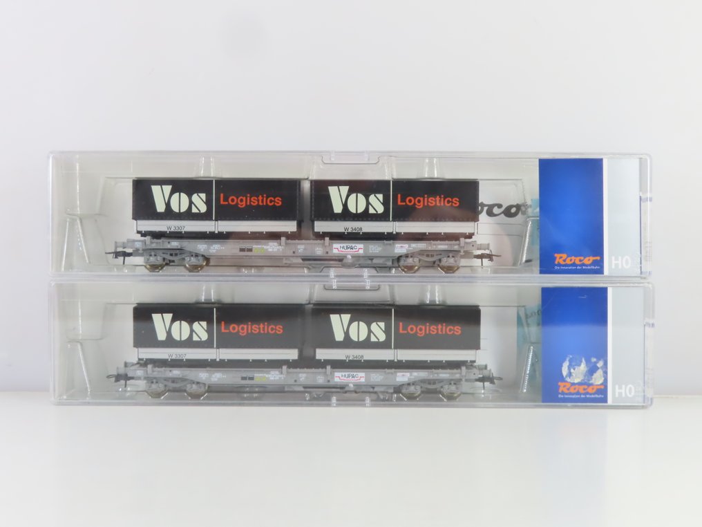 Roco H0 - 66617 - Modelltog godsvogn (2) - 4-akslede containerbærere med last og påtrykk «VOS» - SBB #3.2