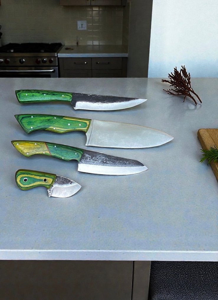 Set of FOUR, Hand-Forged with Old & dual polish Steel, Japanese Style Knives from Elite - Coltello da cucina - Chef's knife - Acciaio, Legno, Set squisito di 4 coltelli vintage in acciaio giapponese vecchio forgiato a mano. - Giappone #2.1