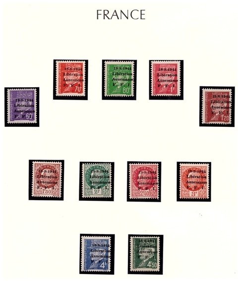 France 1944 - Rare complete series of 11 Liberty Values from Annemasse, new and luxurious without chanières // - Type Pétain surchargé le 18 aout 1944. Chiffres maigres. N° Mayer : 20-30 #1.0