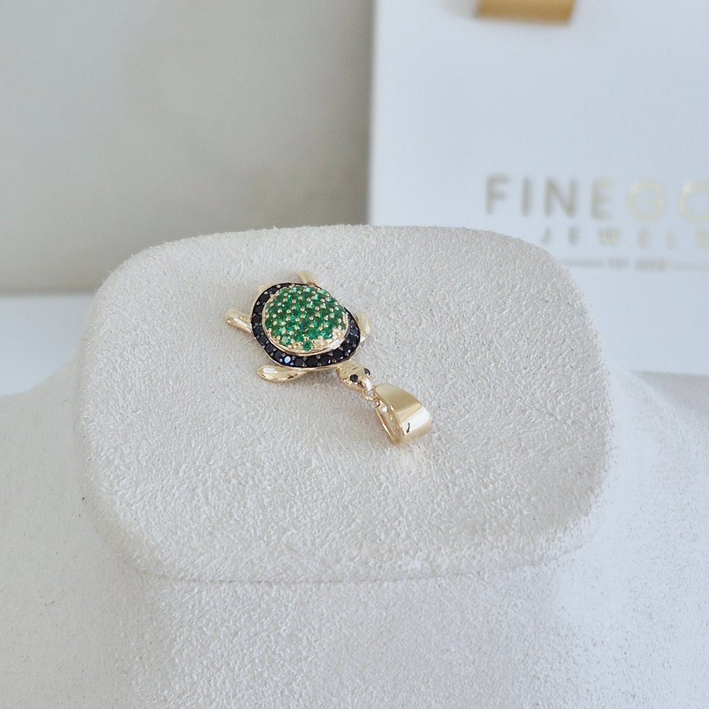 Hanger - 14 karaat Geel goud Zirkoon - Zirkoon - Onyx & Emerald Turtle #3.2