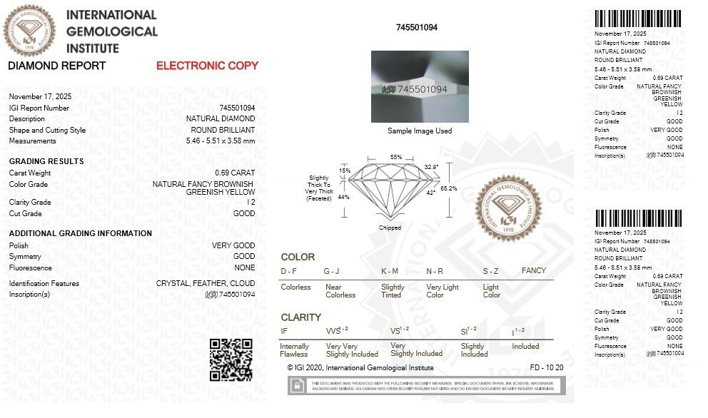 No reserve price - 1 pcs Diamond (Natural coloured) - 0.69 ct - Round - Fancy Greenish, Brownish Yellow - I2 - International Gemological Institute (IGI) #2.1