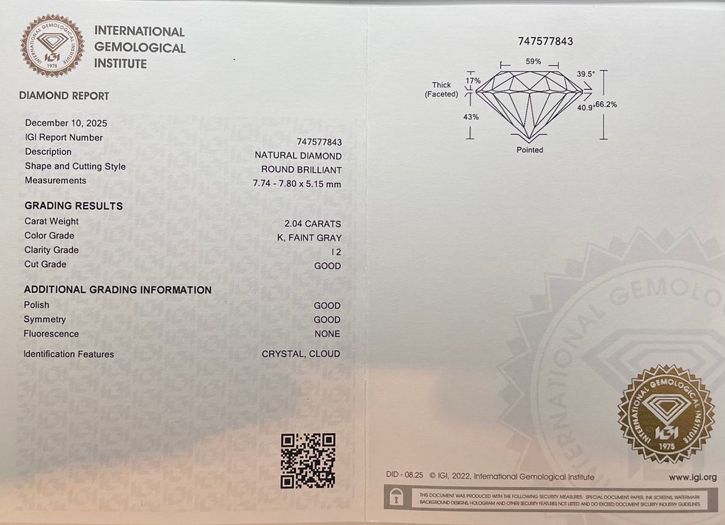 没有保留价 - 1 pcs 钻石  (天然)  - 2.04 ct - 圆形 - K - I2 内含二级 - 国际宝石研究院（IGI） #2.1