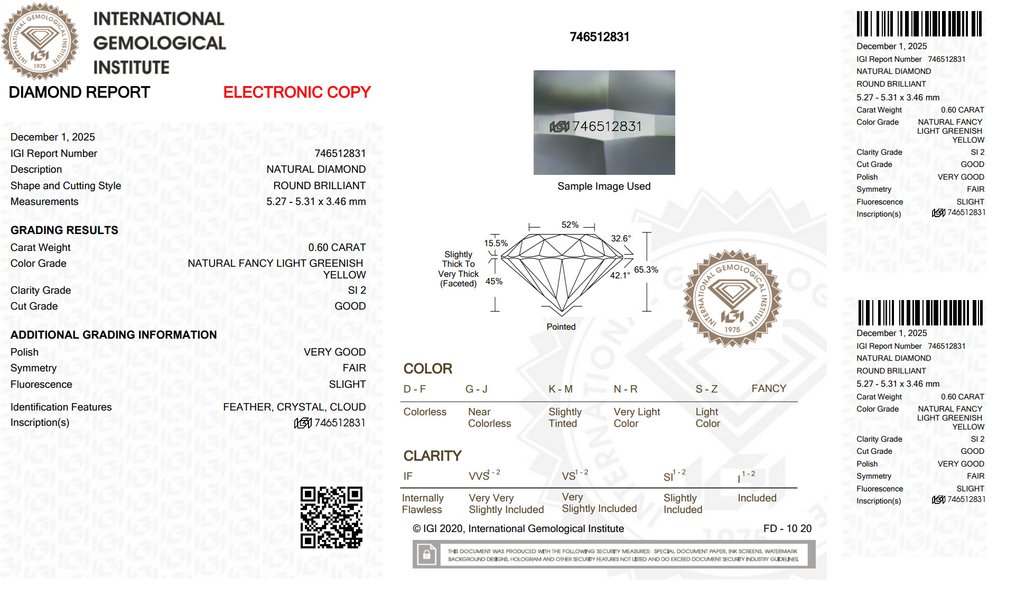 Nincs minimálár - 1 pcs Gyémánt  (Természetes színű)  - 0.60 ct - Kerek - Fancy light Zöldes Sárga - SI2 - Nemzetközi Gemmológiai Intézet (IGI) #2.1