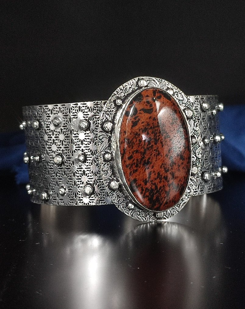 Βραχιόλι από ασήμι 925, όμορφο, χειροποίητο, πρώτης ποιότητας μαόνι και obsidian, χωρίς ελάχιστη - Βραχιόλι #1.0