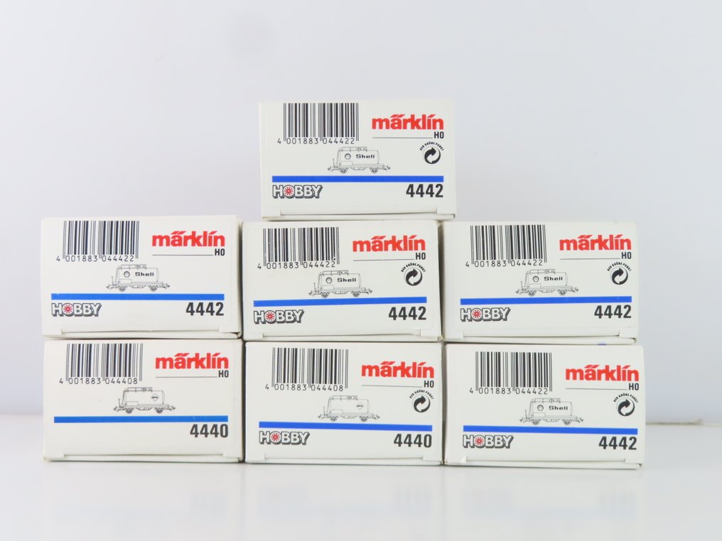 Märklin H0 - 4442/4440 - Modeltog godsvogn (7) - 7x 2-akslede kedelvogne med påtrykket 'ARAL' og 'Shell' - DB #4.3