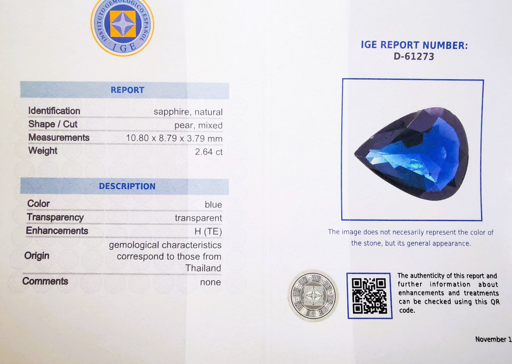 χωρίς τιμή ασφαλείας - 1 pcs  Μπλε Ζαφείρι  - 2.64 ct - Instituto Gemólogico Español (IGE) - Ταϊλάνδη / ζέστη #2.1