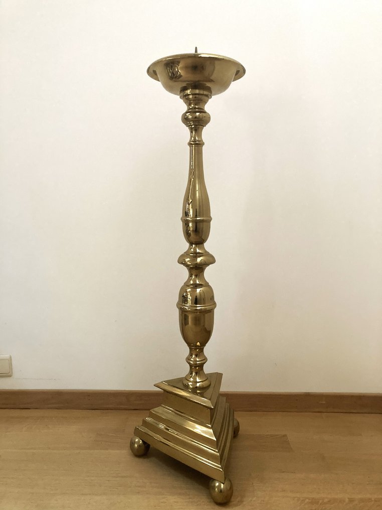 Kerk kandelaar met kaars - 108 cm - Messing, Was - 1960-1970 #2.1