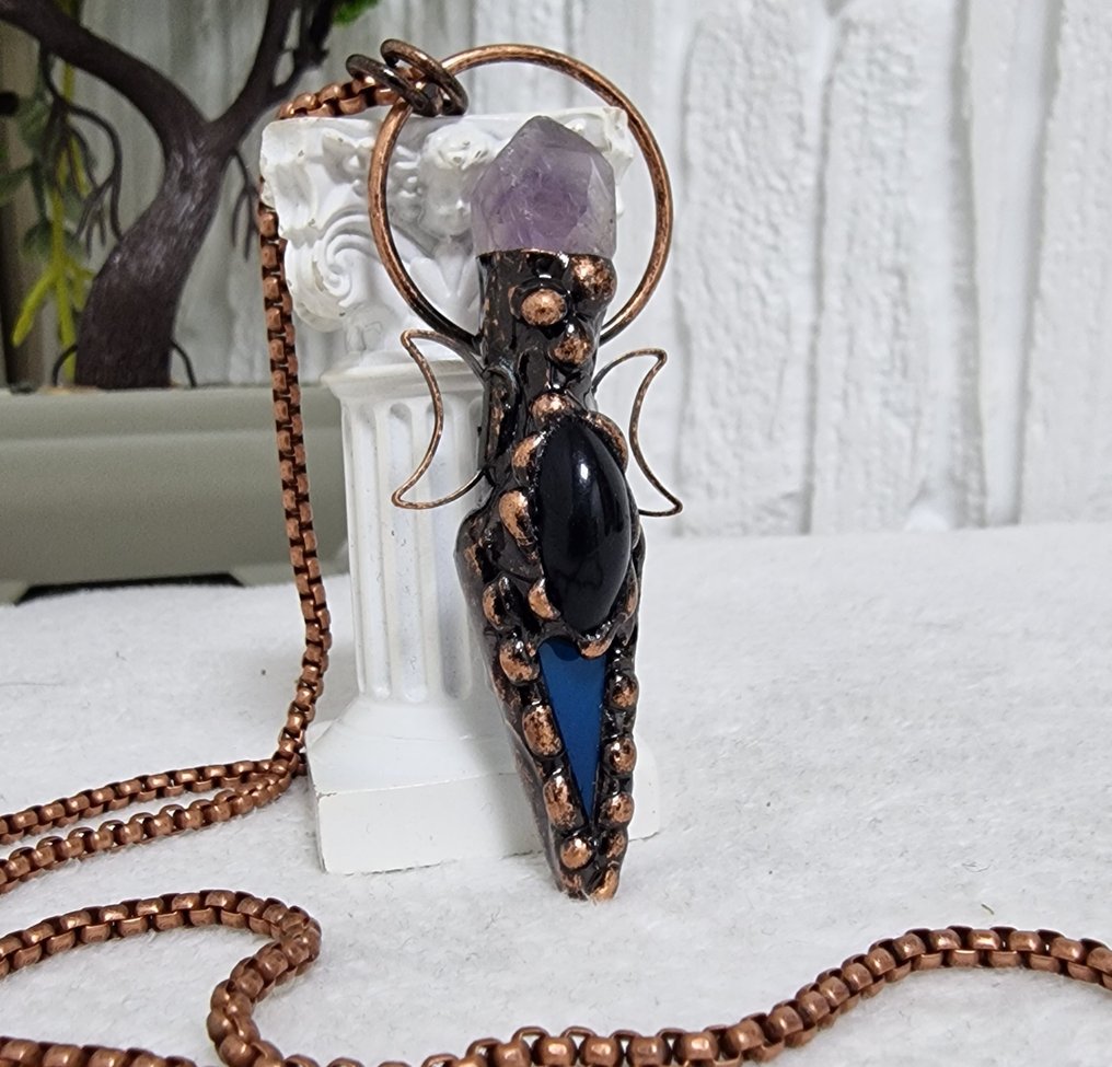 蓝玛瑙、黑曜石与紫水晶 手工三月亮吊坠——铜电镀- 40 g - (1) #1.0