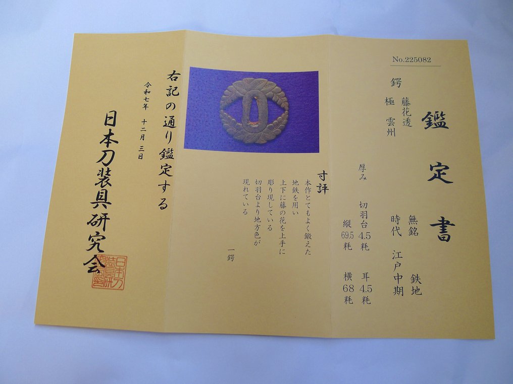 Motivo intagliato di fiori di glicine bellissimo, tsuba con certificato NTHK e scatola - Giappone - Metà periodo Edo #1.0