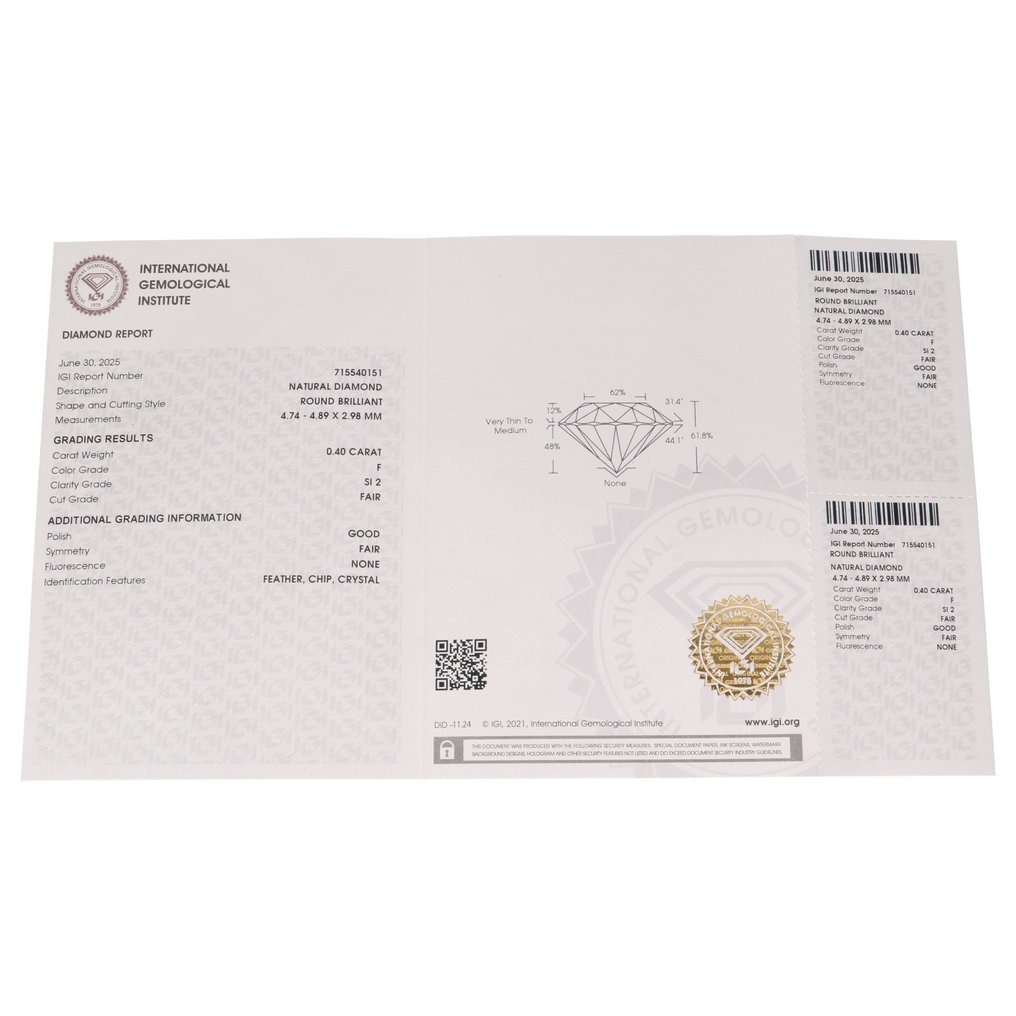 没有保留价 - 1 pcs 钻石  (天然)  - 0.40 ct - 圆形 - F - SI2 微内含二级 - 国际宝石研究院（IGI） #3.2