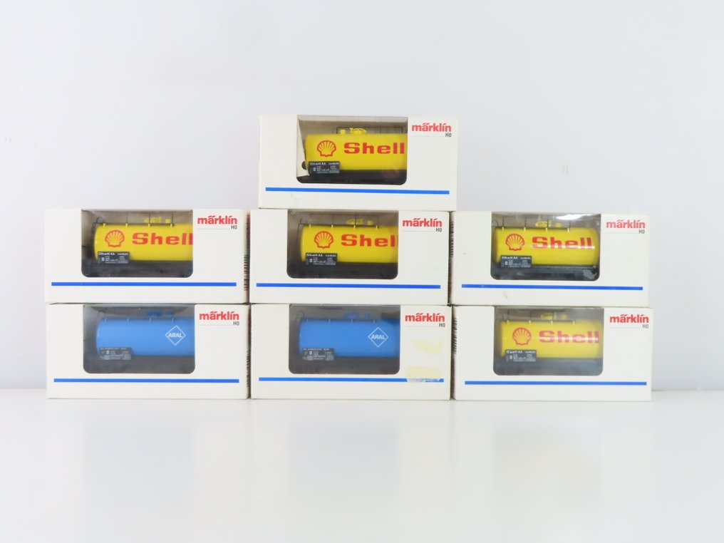 Märklin H0 - 4442/4440 - Modeltog godsvogn (7) - 7x 2-akslede kedelvogne med påtrykket 'ARAL' og 'Shell' - DB #3.2