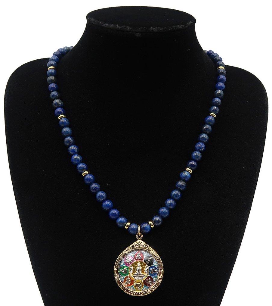 Lapis lazuli - Mandala du Bouddha: Kosmisk kompas og beskyttelse af de 8 retninger - Guldlås 14k GF - Halskæde #1.0