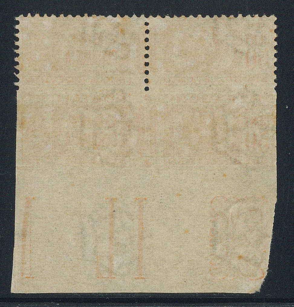 Ιταλία Βασίλειο  - Ταχυδρομικά πακέτα 50 c.: ζευγάρι κάθετο, το κάτω δείγμα μη δονημένο και περίγραμμα φύλλου. - Sassone n. 28ha #1.0