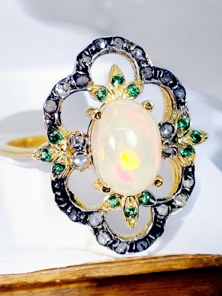 没有保留价 - 戒指 - 9 kt. 银, 黄金 蛋白石 - 钻石 #1.0