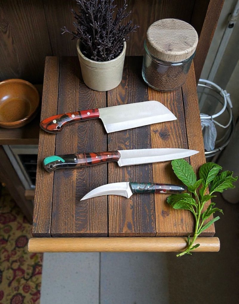 Set of THREE, Hand-Forged with Old Steel, Japanese Style Knives from Elite - 厨刀 - Chef's knife - 钢, 木, 精美的三件套，手工锻造的日本OLD钢，复古刀具 - 日本 #1.0