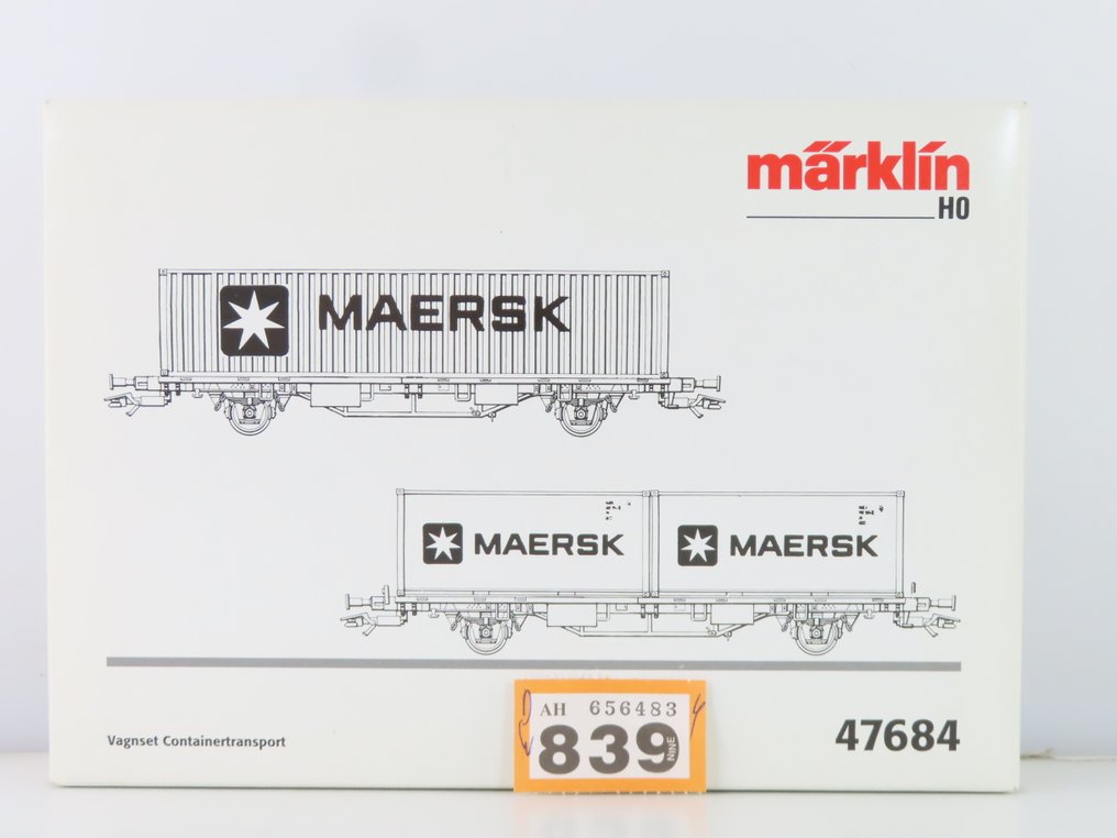 Märklin H0 - 47684 - Modelltog godsvogn-sett (1) - 2-delt godsvognsett med 2-akslede containertransportvogner med last og påtrykk 'Maersk'. - DSB #2.1