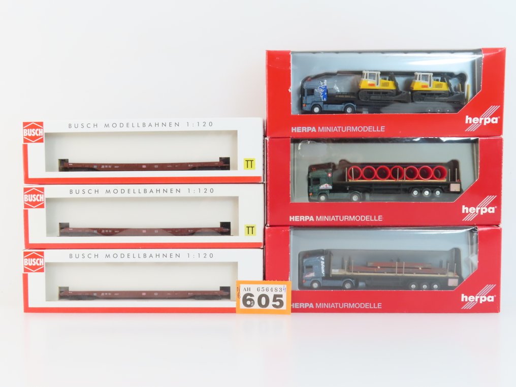 Busch, Herpa TT - 31204/31205 - Modeltog godsvogn (3) - 3x 4-aksede 'Rollende Landstrasse'-vogne med Scania lastbiler, trailere og last. - DB #4.3