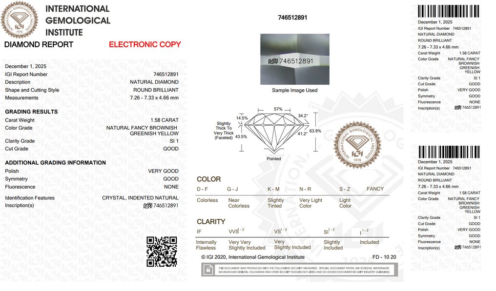 没有保留价 - 1 pcs 钻石 (天然色彩的) - 1.58 ct - 圆形 - Fancy 稍帶棕色的, 稍帶綠色的 黄色 - SI1 微内含一级 - 国际宝石研究院(IGI) #2.1