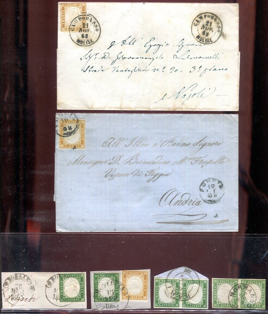 意大利古城邦-撒丁岛 1855/1863 - 撒丁岛邮票上盖有前那不勒斯王国的邮戳 - Sassone vari #1.0