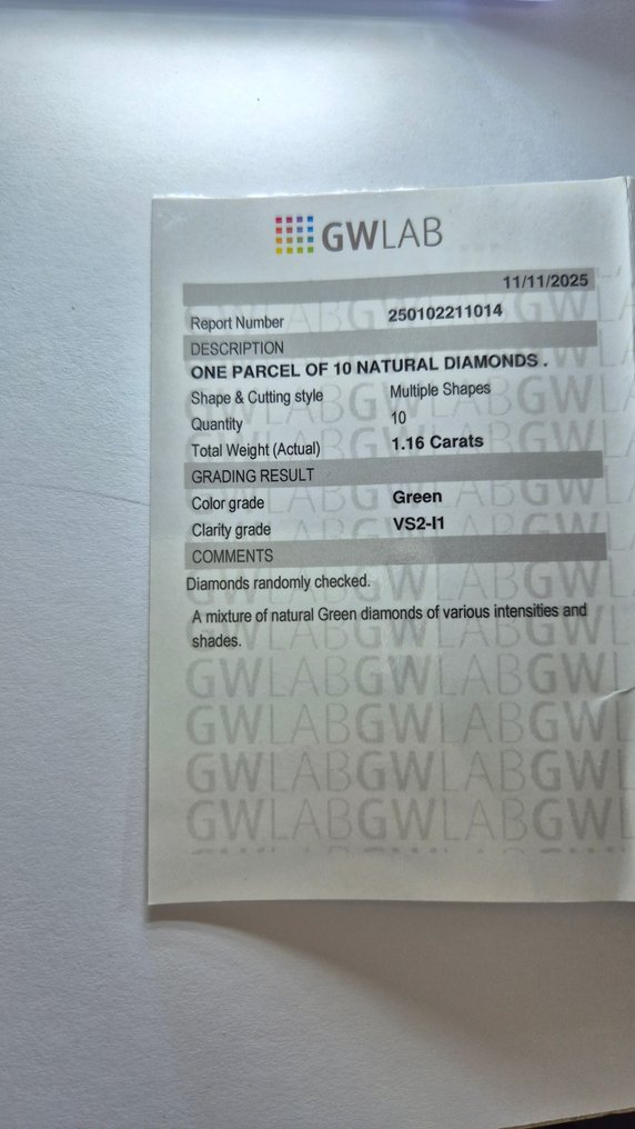 没有保留价 - 10 pcs 钻石  (天然色彩的)  - 1.16 ct - 混合形状 绿色 - VS2 轻微内含二级, I1 内含一级, SI1 微内含一级, SI2 微内含二级, SI2 微内三含级 - Gemewizard宝石实验室（GWLab） #4.3
