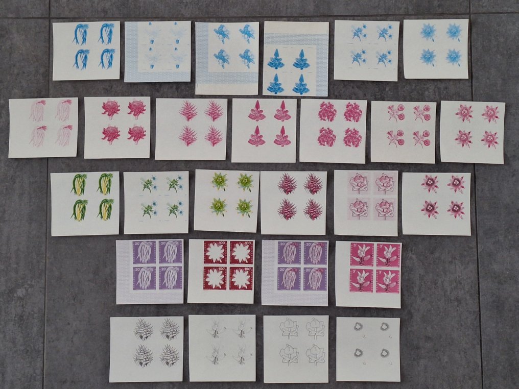 Rwanda 1968 - 27 progressive color proof prints in blocks of 4 from n° 253/262 series Flowers. #1.0